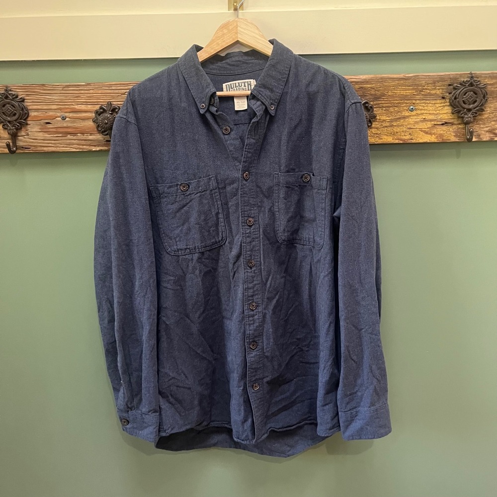 Duluth Trading Co Navy Blue Flannel Shirt XL Tall Trim Fit Cotton Button Down